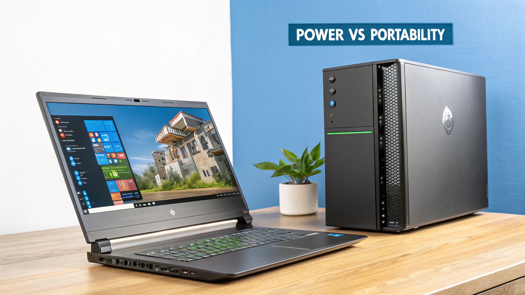 A high-performance gaming laptop displaying a vibrant game scene next to a sleek gaming keyboard and mouse.