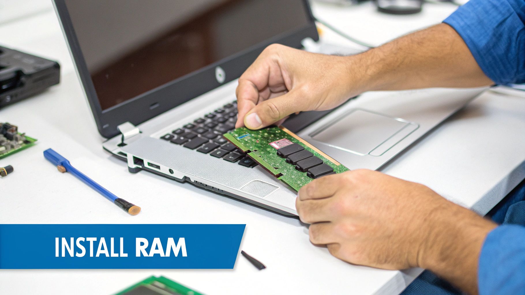 A pair of hands shown installing a new RAM module into a laptop's motherboard.
