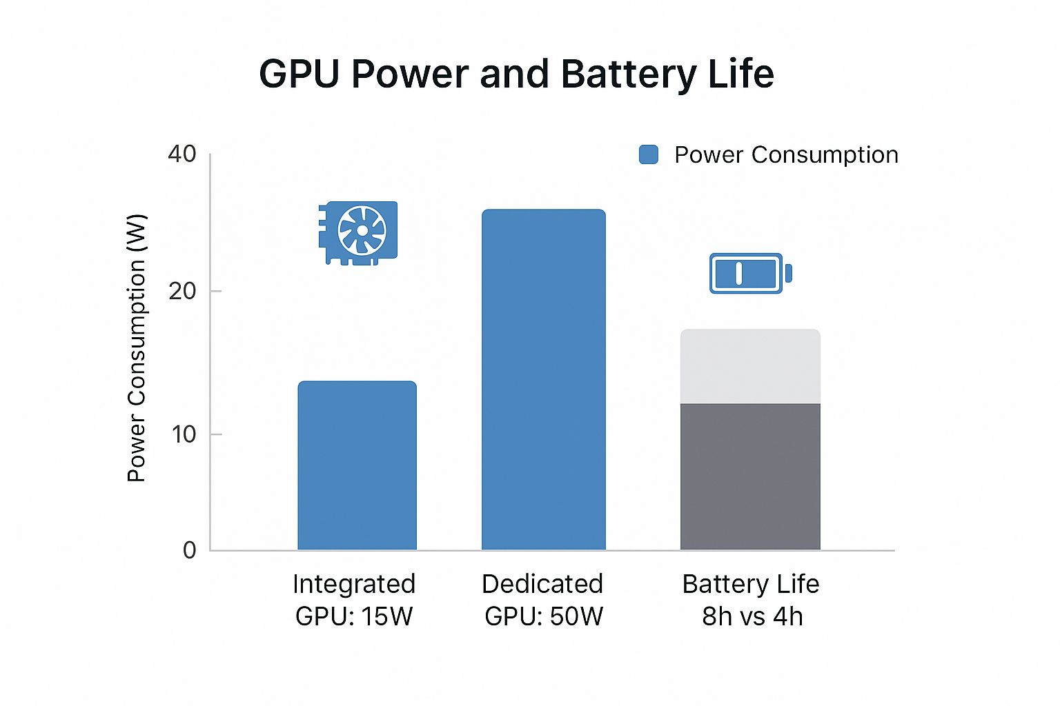 Infographic comparing the power consumption and battery life impact of integrated versus dedicated GPUs.