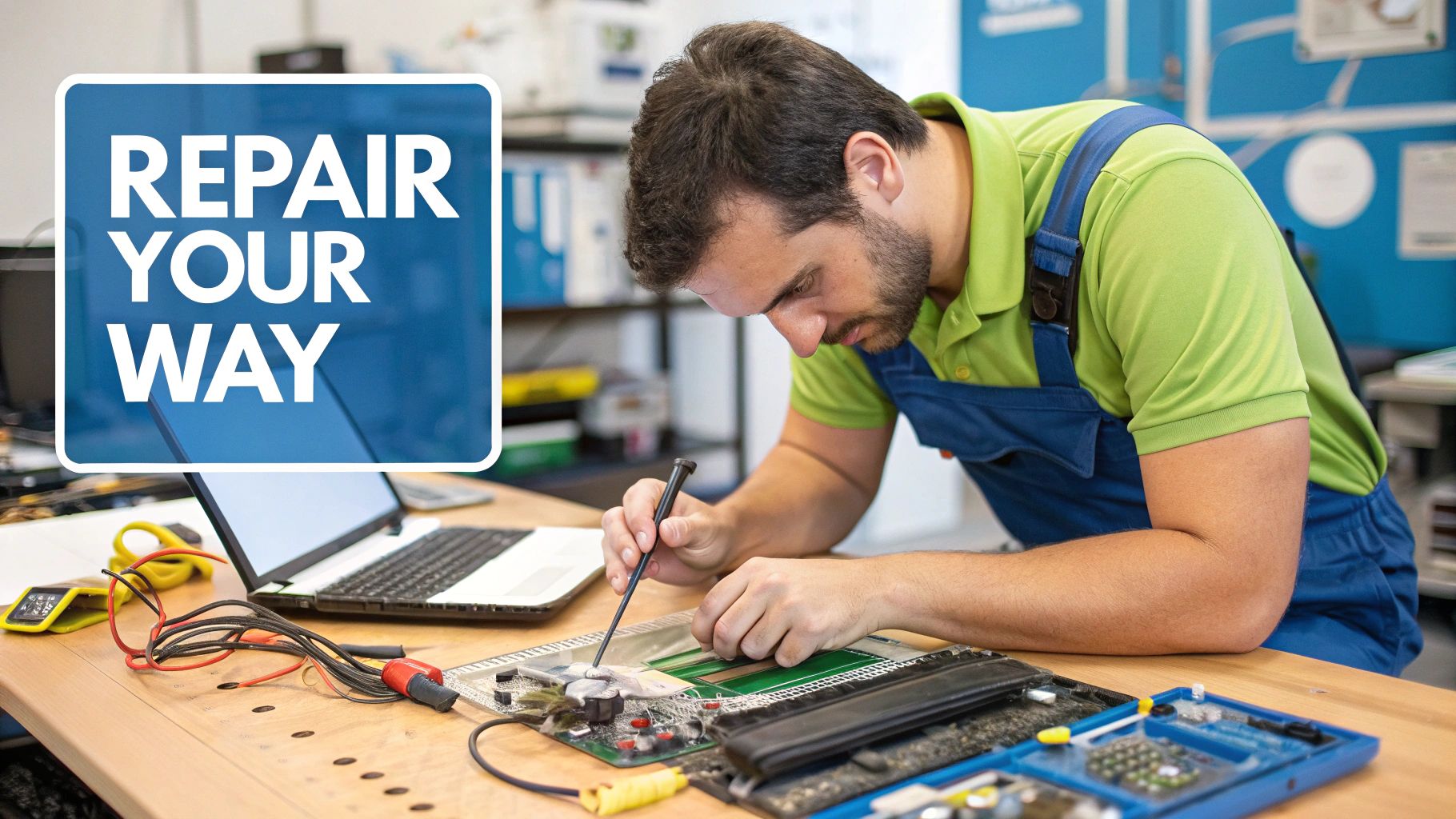 A technician confidently repairing a Holoware laptop on a clean workbench.