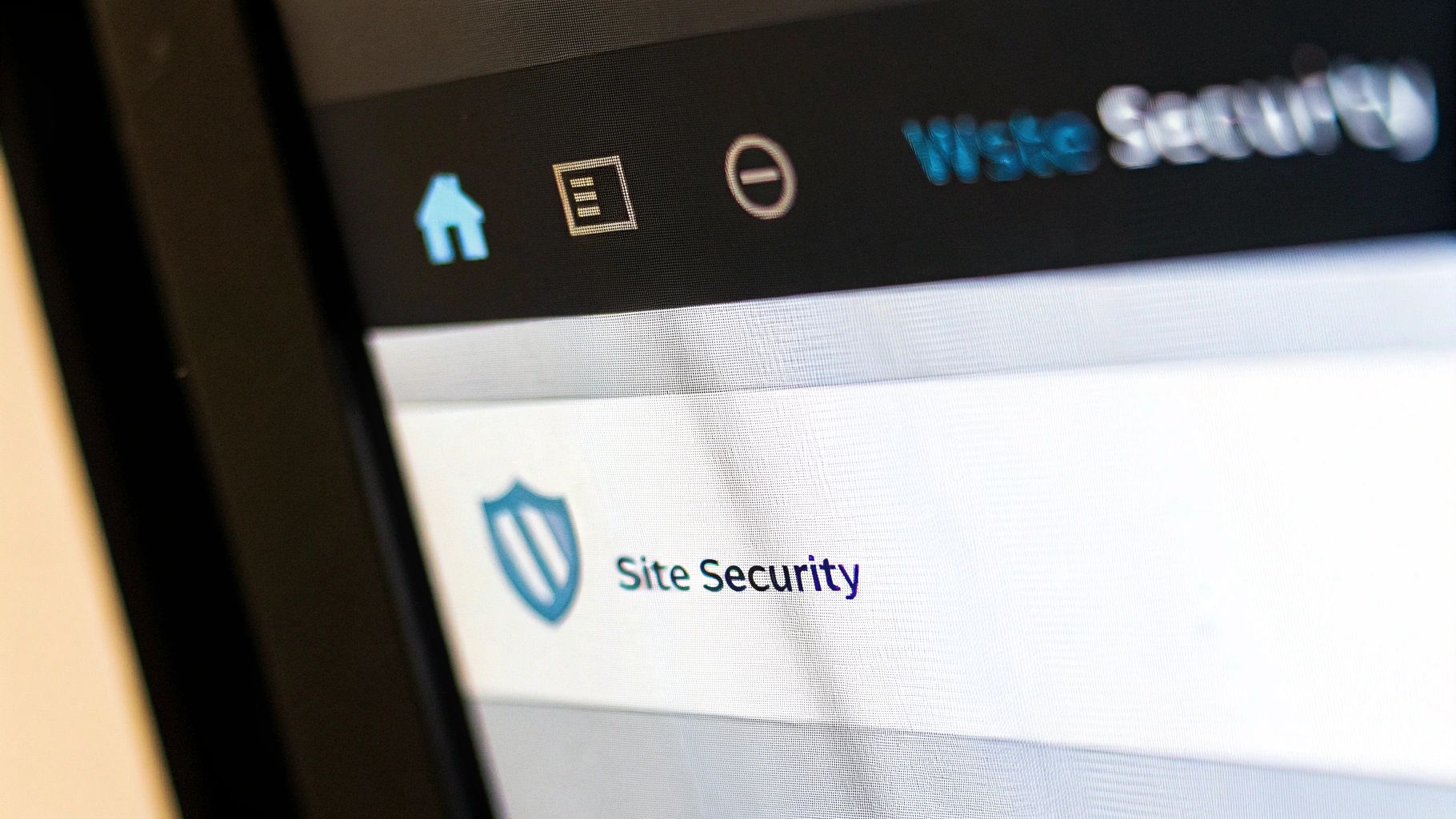 An illustration showing a digital shield protecting a website from various cyber threats like viruses and malware.
