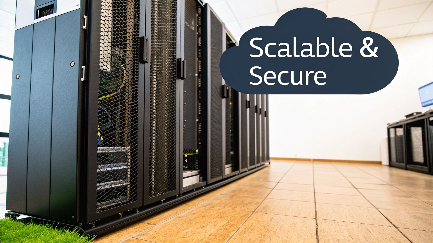 A digital illustration of a secure, scalable network, symbolizing a future-proof foundation built with custom software.