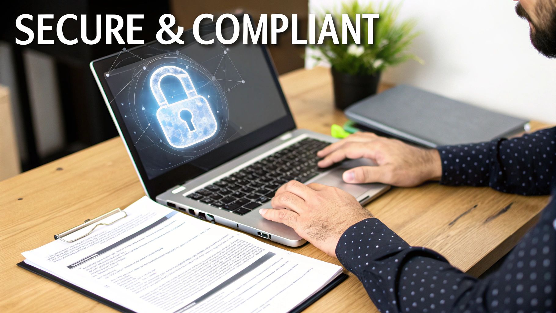 Professional working on laptop displaying digital security padlock icon with compliance documents on desk