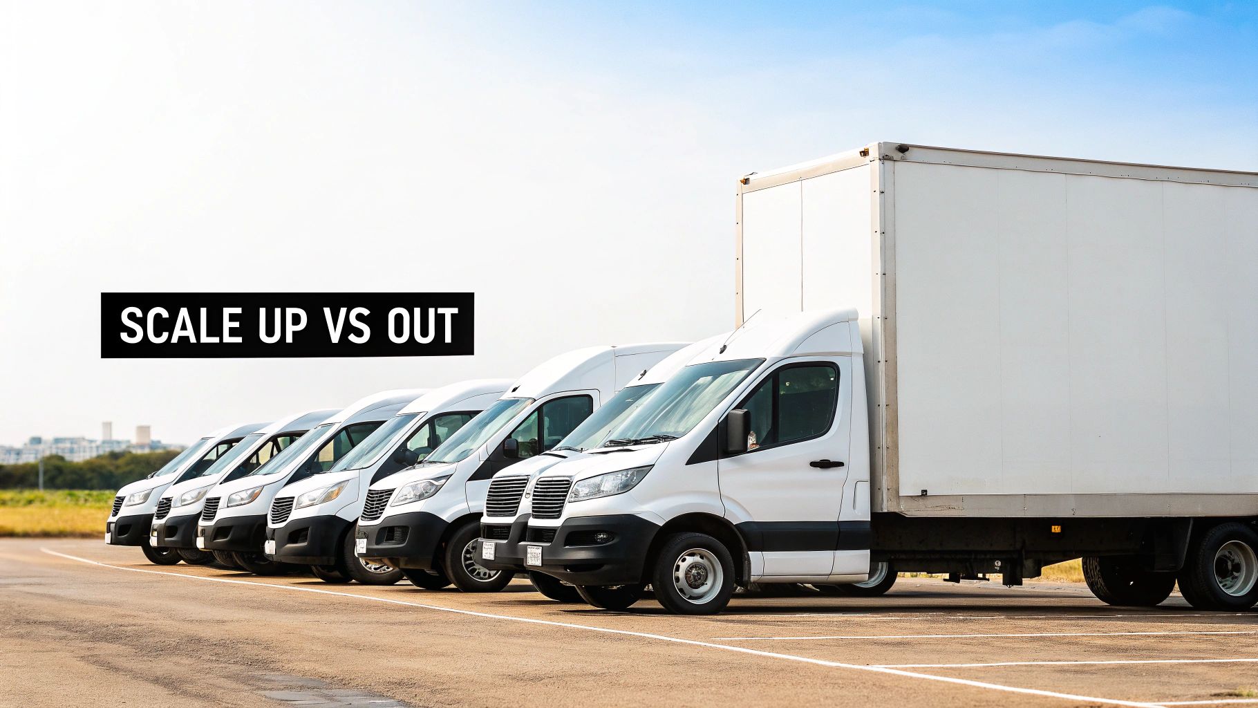 A line of white vans and a large box truck parked, with text 'SCALE UP VS OUT'.