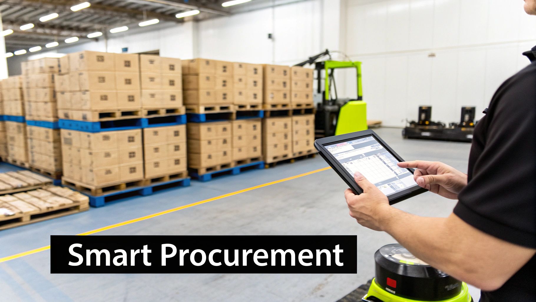 A person uses a tablet for smart procurement in a modern warehouse with stacked boxes and robots.
