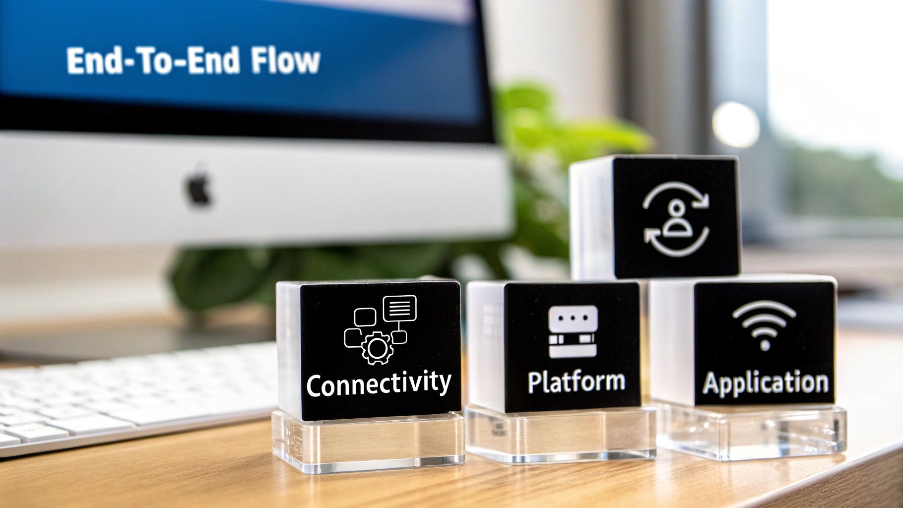 Four cubes representing connectivity, platform, and application, with a monitor displaying 'End-To-End Flow'.