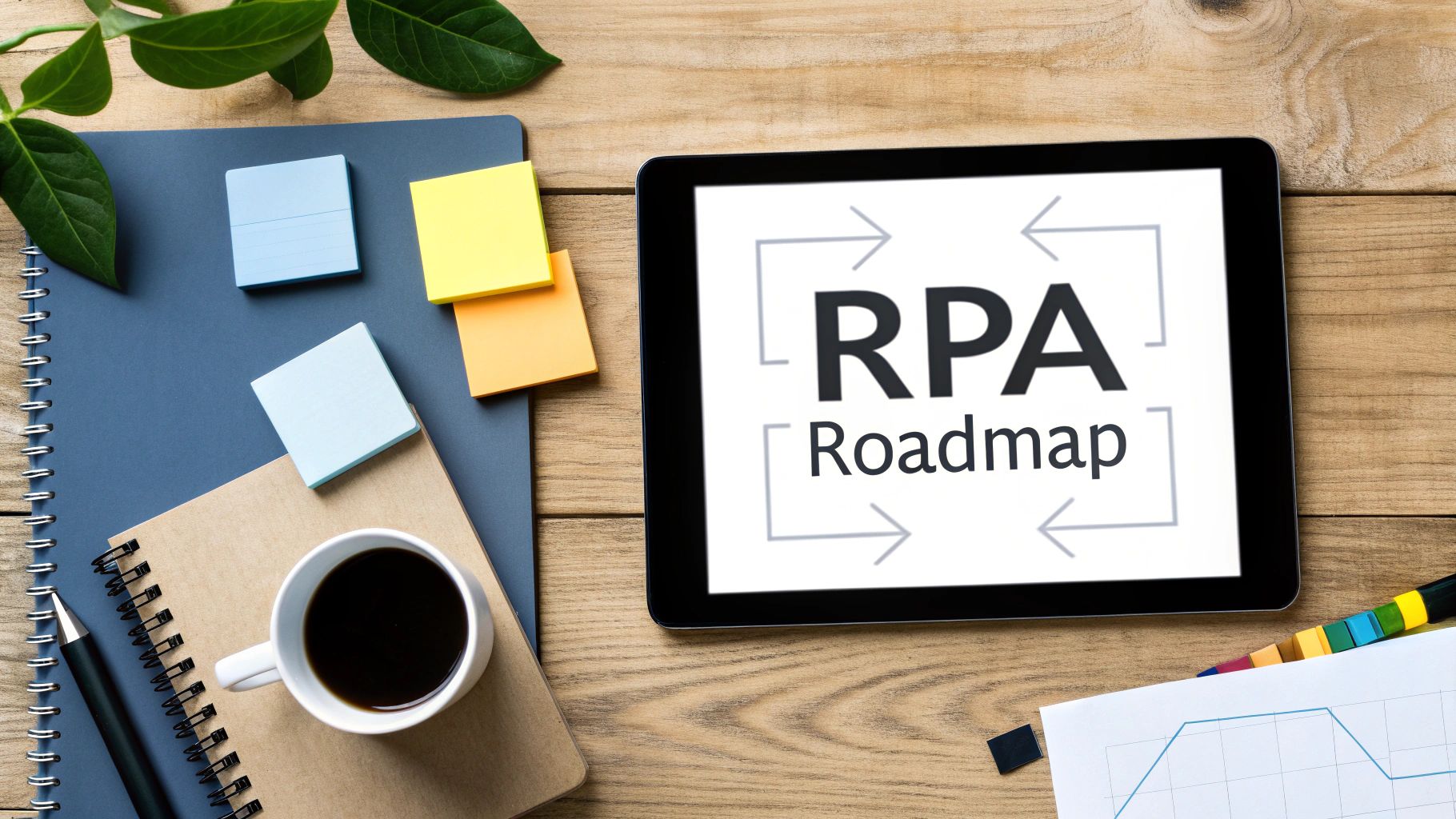 A tablet displays 'RPA Roadmap' on a wooden desk with a notebook, coffee, and sticky notes.