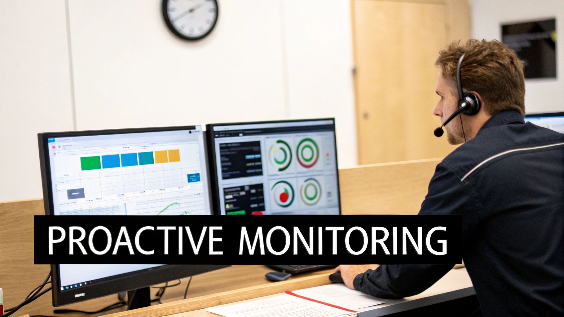 Man with a headset actively monitoring data dashboards on two computer screens in an office.