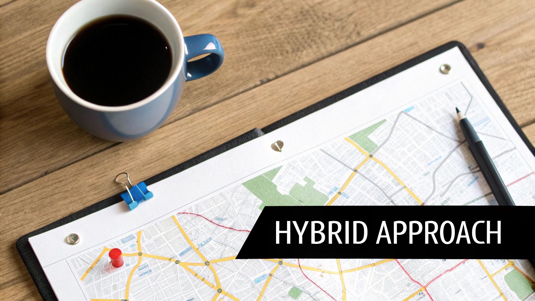 Overhead shot of a map on a clipboard with a red thumback, coffee, and 'HYBRID APPROACH' text.