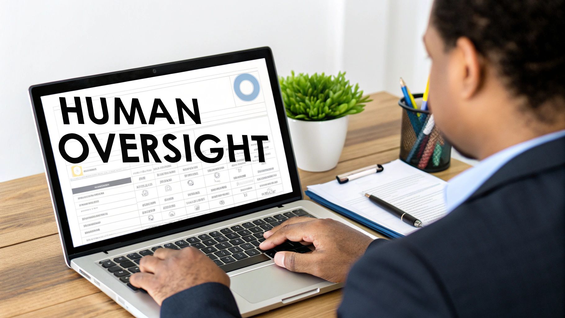 A person typing on a laptop, with “HUMAN OVERSIGHT” displayed prominently on the screen.