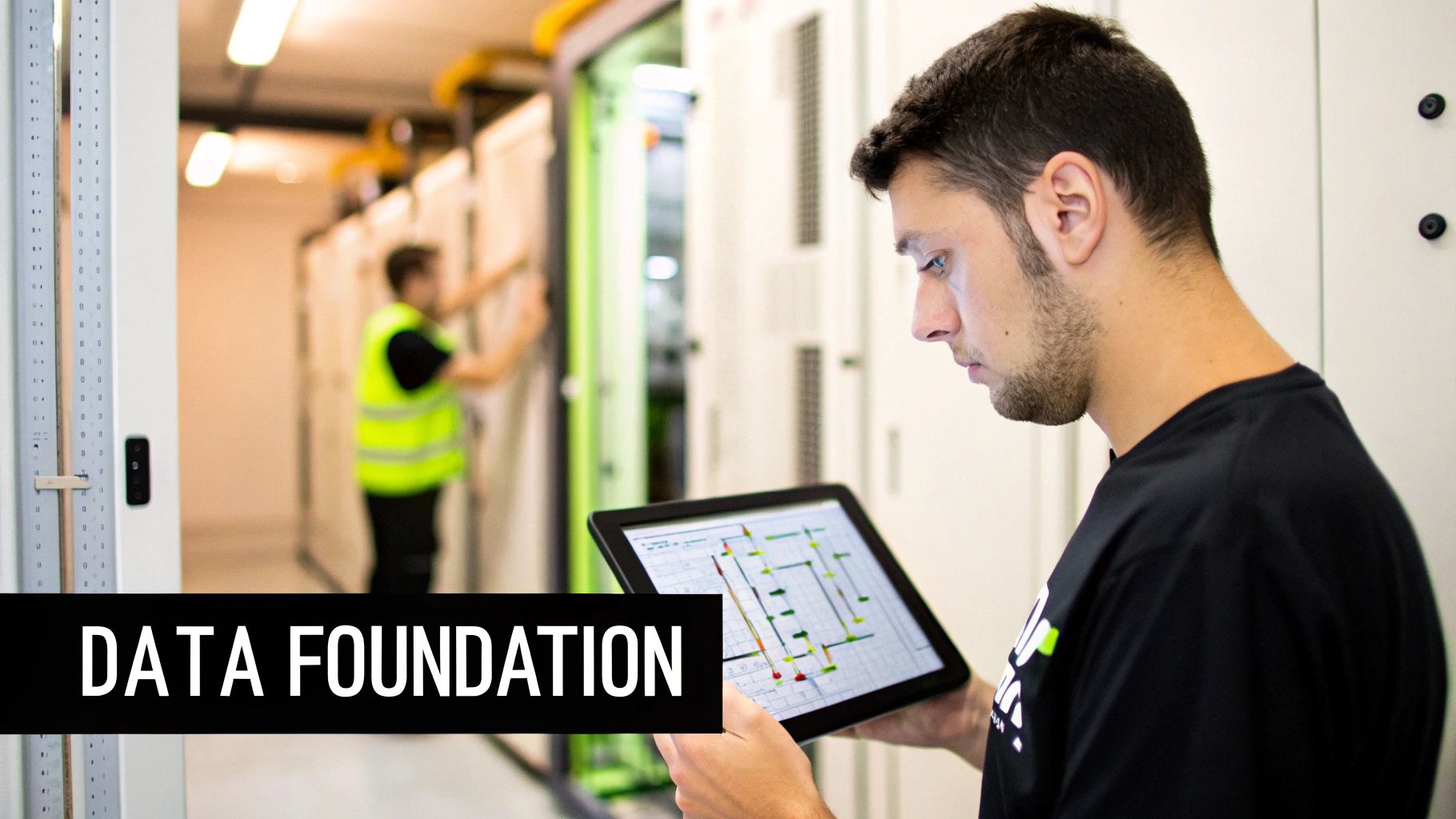 Worker using tablet displaying data analytics dashboard in modern manufacturing facility workspace