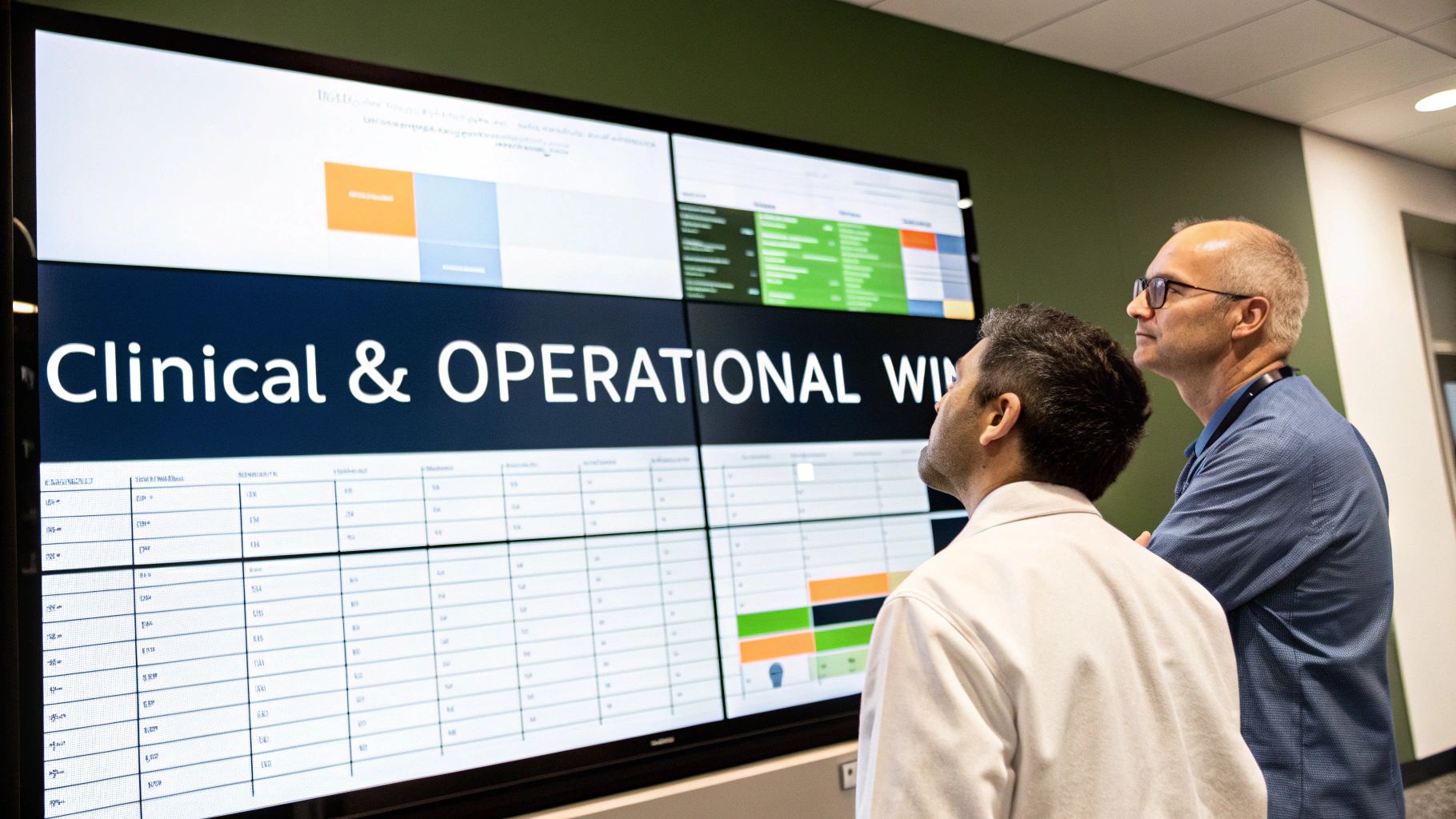 A medical team collaborates while reviewing patient data on a large screen in a modern hospital setting.