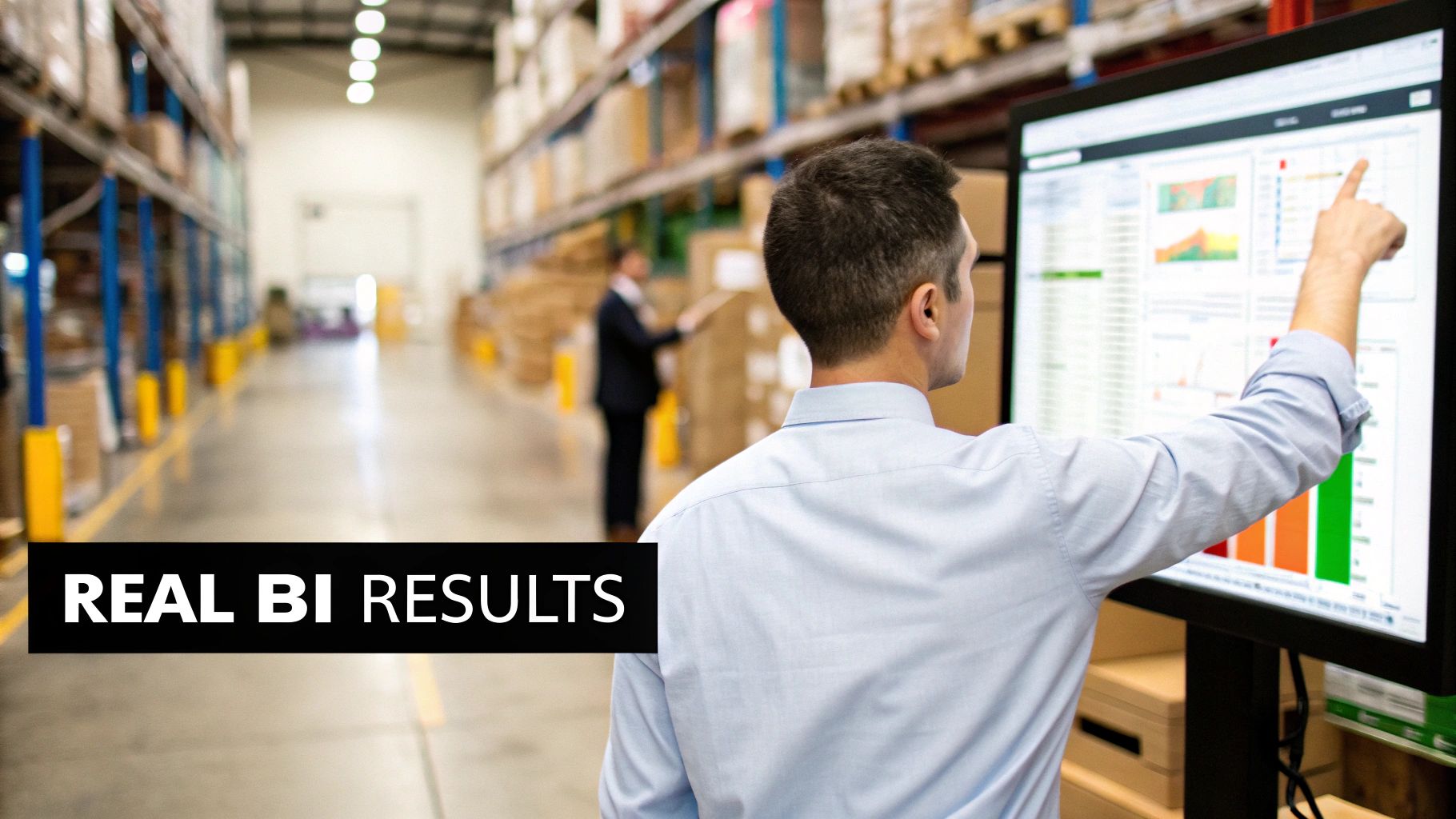 A man in a warehouse points at a large screen displaying business intelligence data and charts.