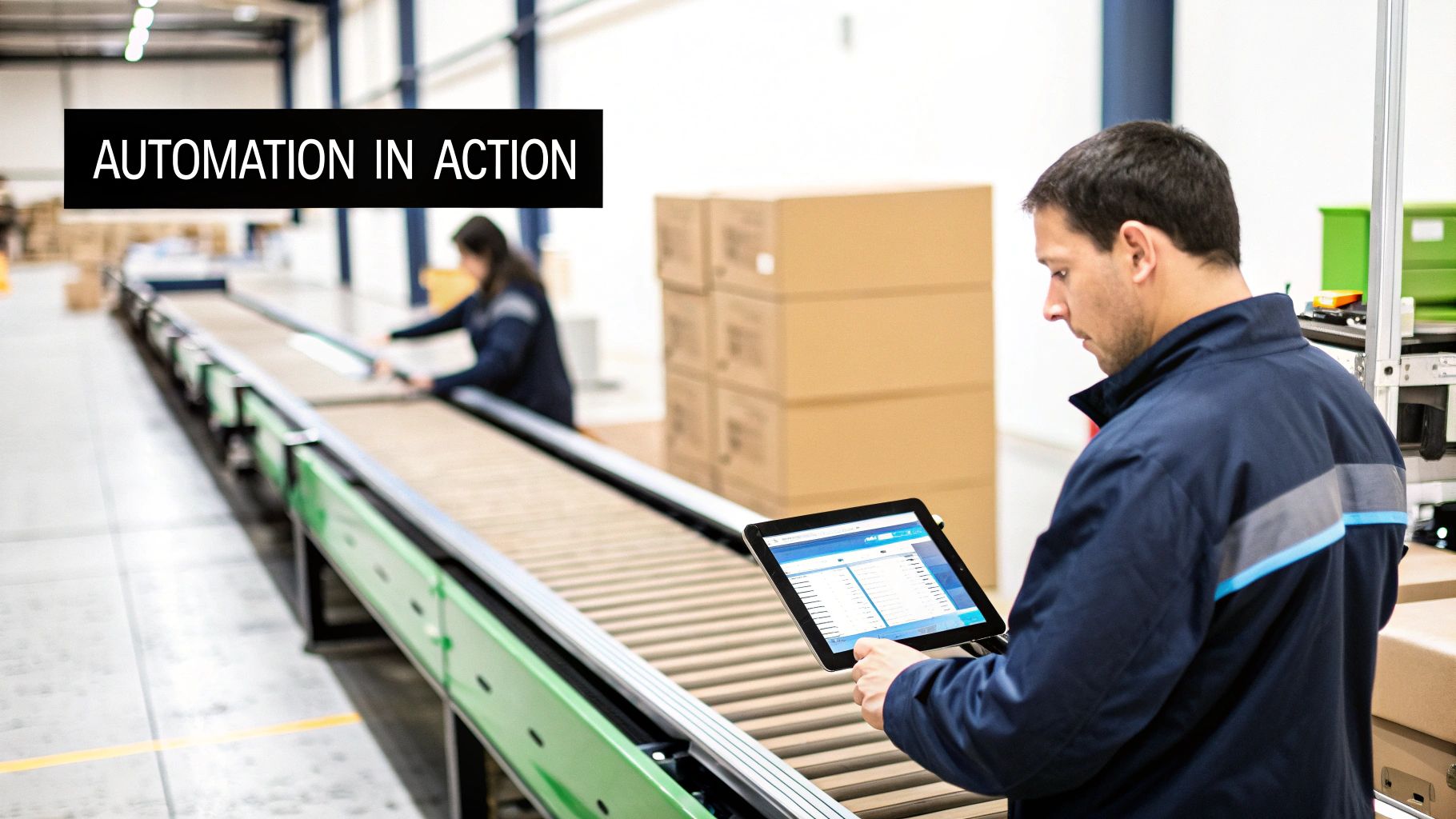 A worker uses a tablet to monitor a warehouse conveyor belt system with boxes, showcasing automation.