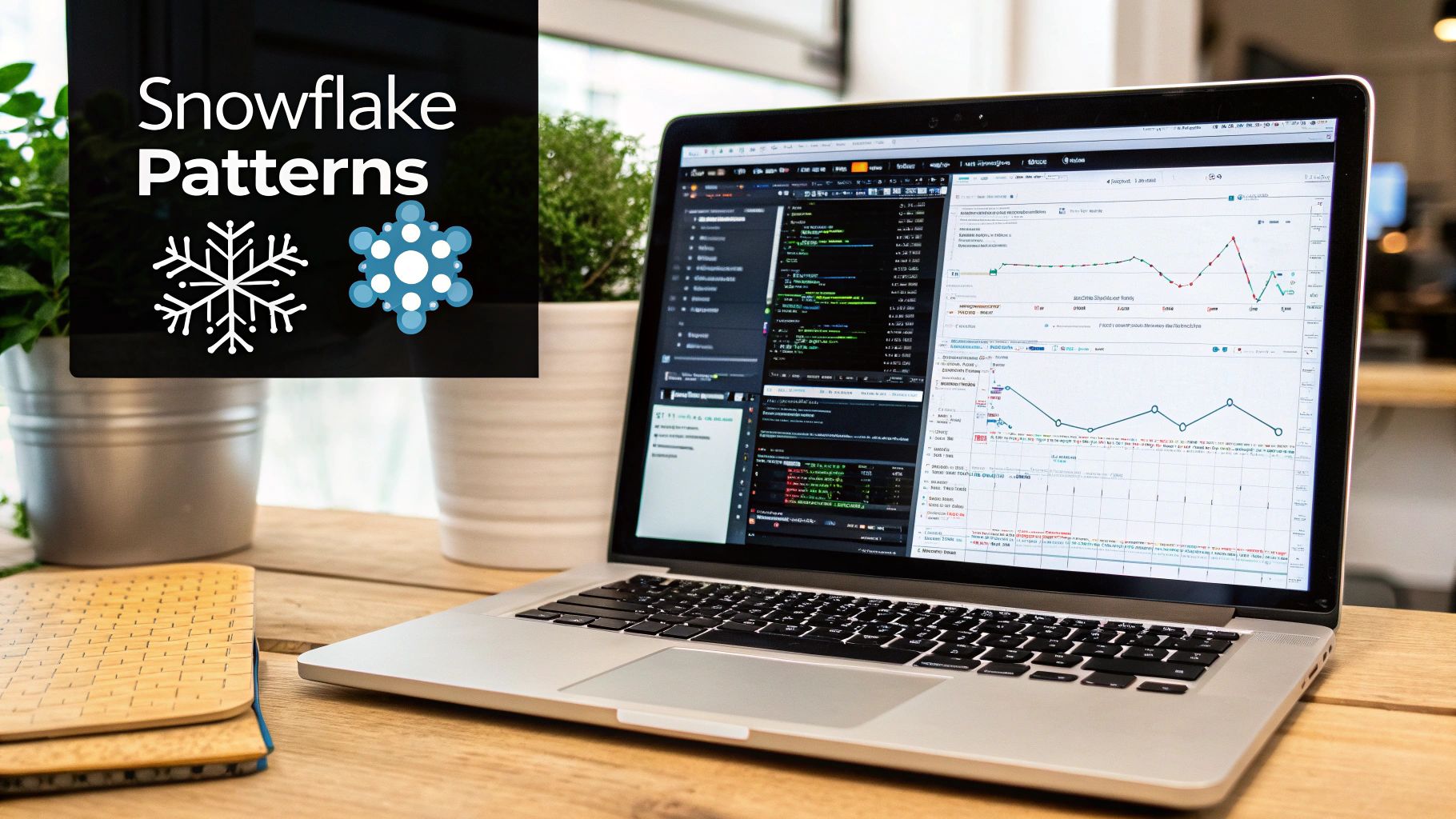 A laptop displaying data analysis graphs and code on a wooden desk, with a 'Snowflake Patterns' title overlay.