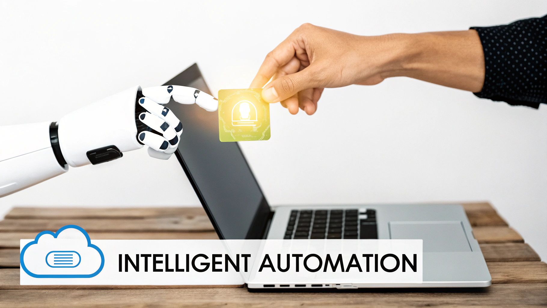 Robotic arm and human hand interacting over a laptop, signifying intelligent automation.
