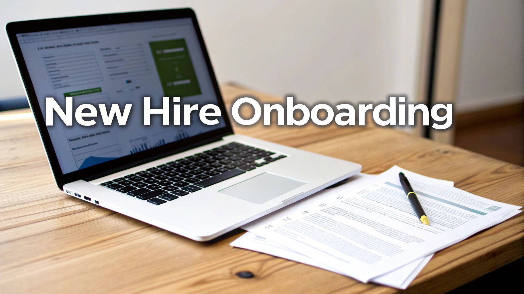 A laptop on a wooden desk with papers and a pen, displaying 'New Hire Onboarding' text.