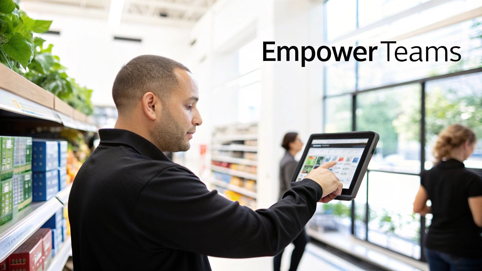 A man in a retail store uses a tablet to manage tasks, likely for business intelligence, empowering his team.