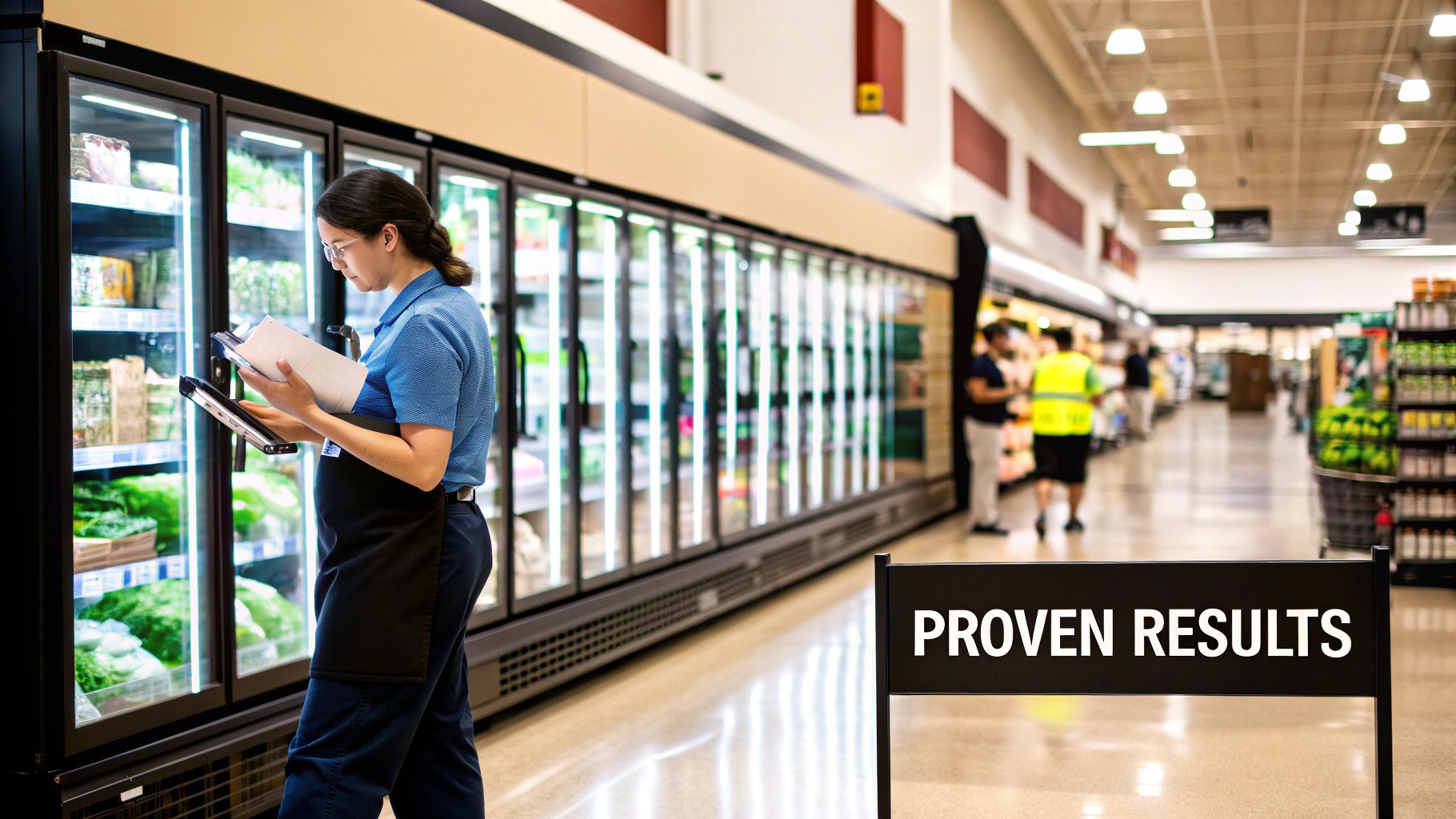 A female retail employee checks inventory in a grocery store, holding a tablet and notepad by refrigerated displays.