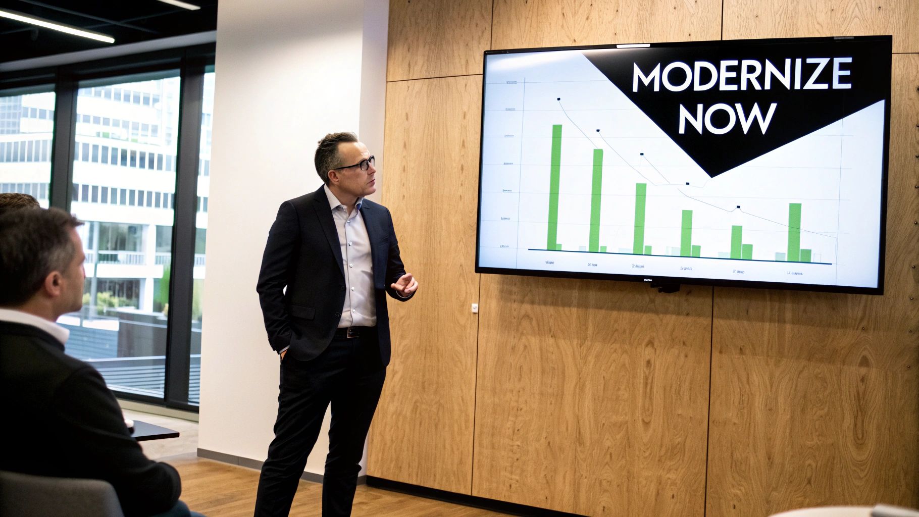 A man in a suit presents a "MODERNIZE NOW" slide with a bar graph to an audience in a modern office.