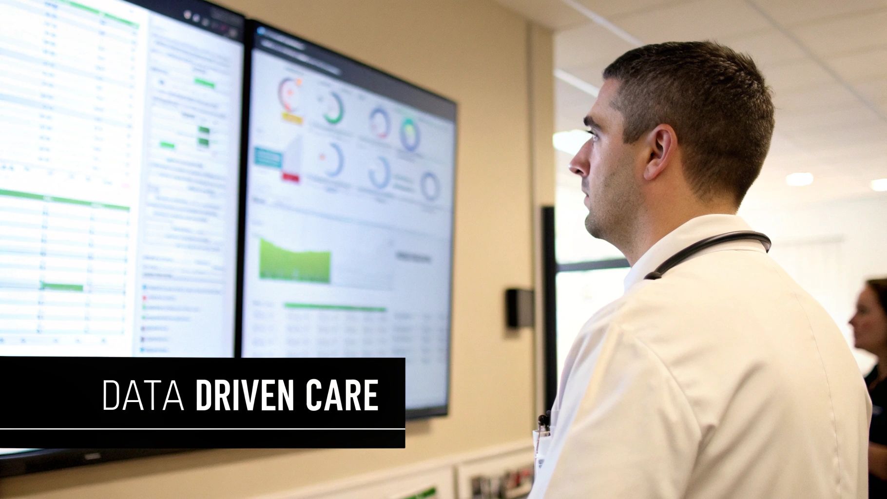 A doctor analyzing data visualizations on a large screen with a patient in the background.