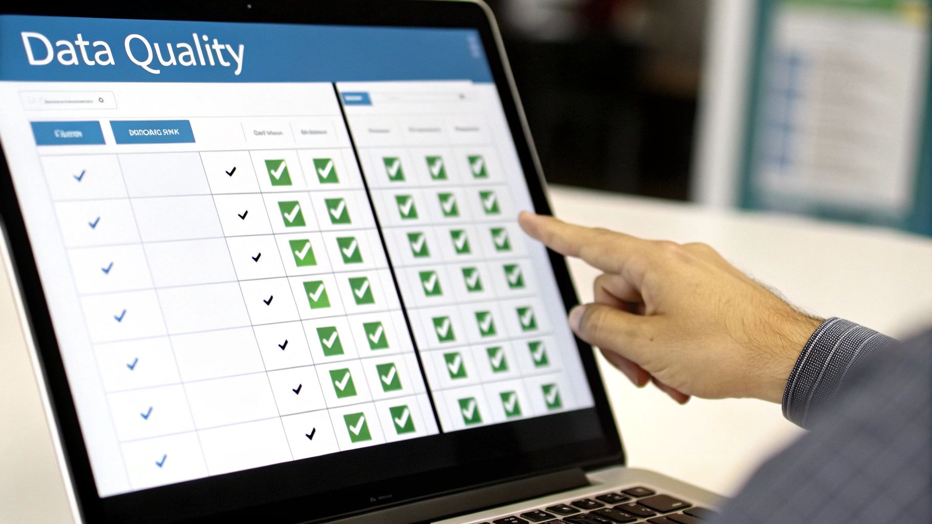 A hand points at a laptop screen displaying a data quality checklist with many green checkmarks.