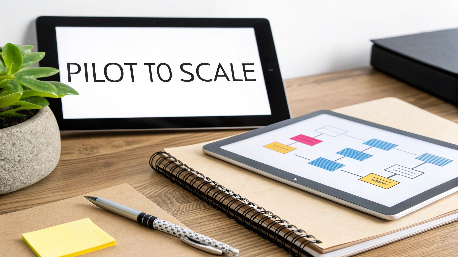 A tablet displays 'PILOT TO SCALE' next to another tablet showing a business flowchart.