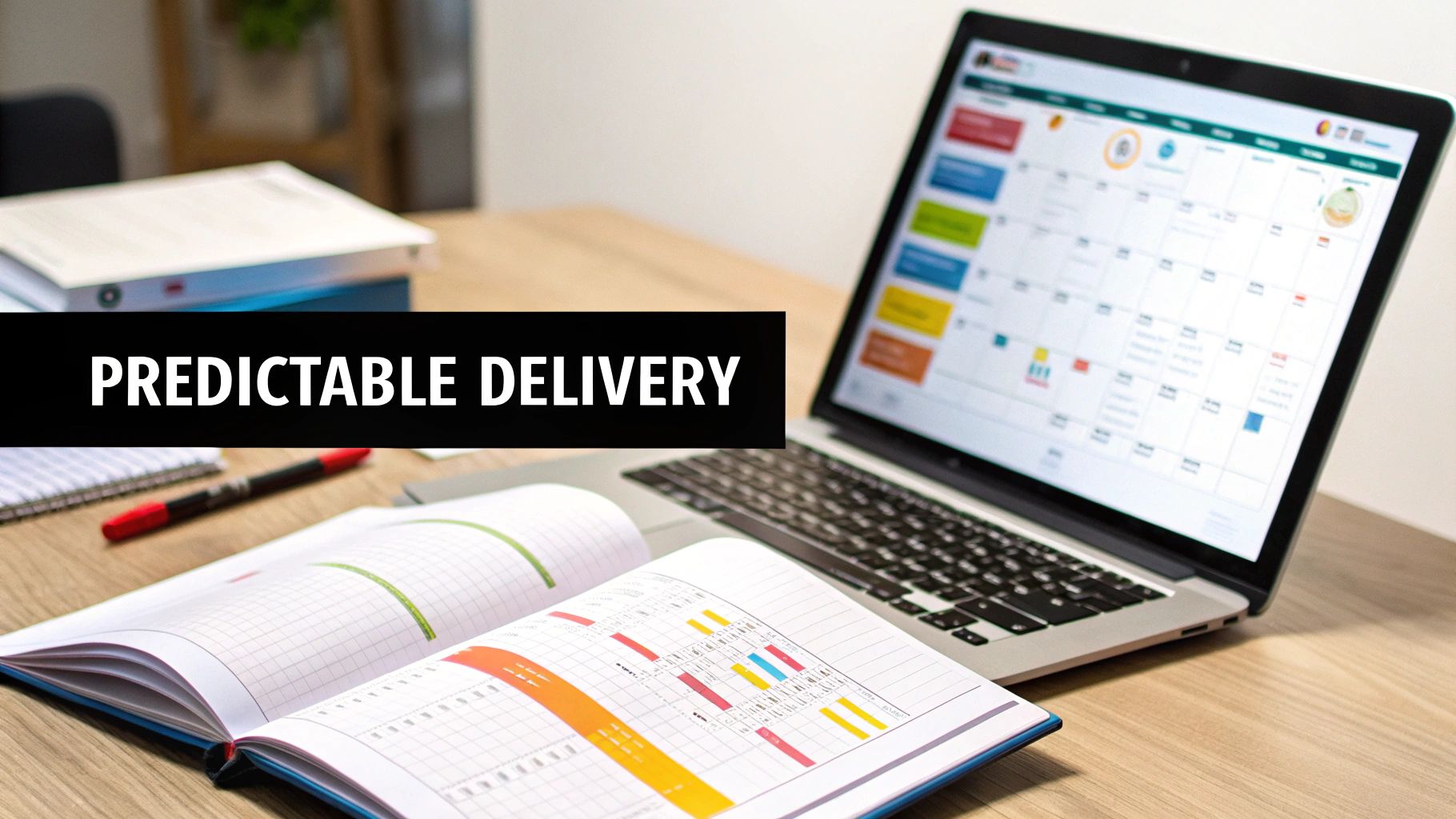 A desk with a laptop displaying a project calendar, an open planner, and 'PREDICTABLE DELIVERY' text.