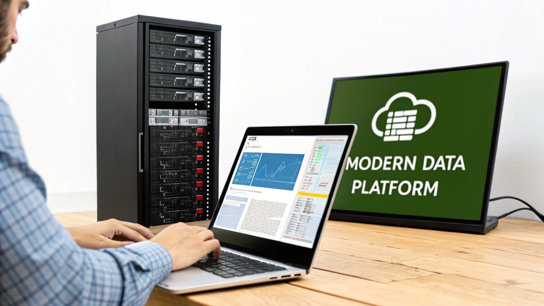 A person works on a laptop next to a server rack and a monitor displaying 'Modern Data Platform'.