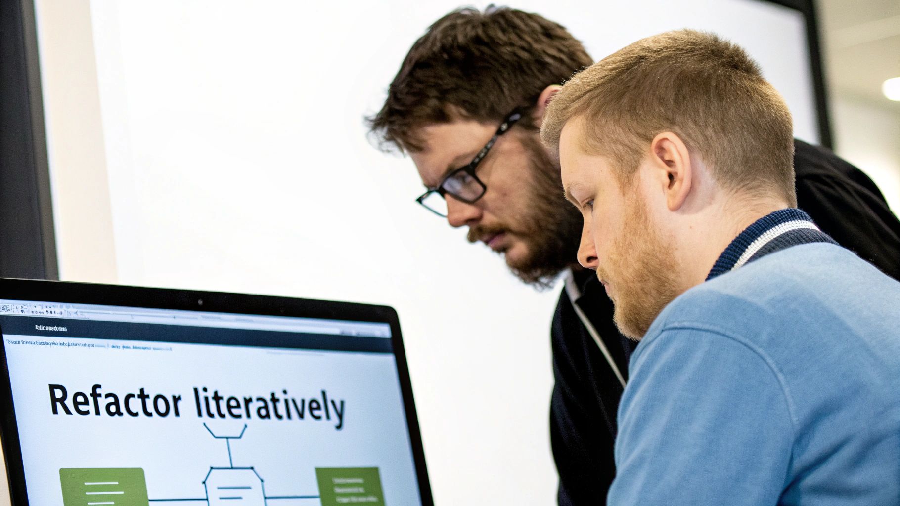 Two men with beards intently reviewing a laptop screen showing a refactoring diagram.