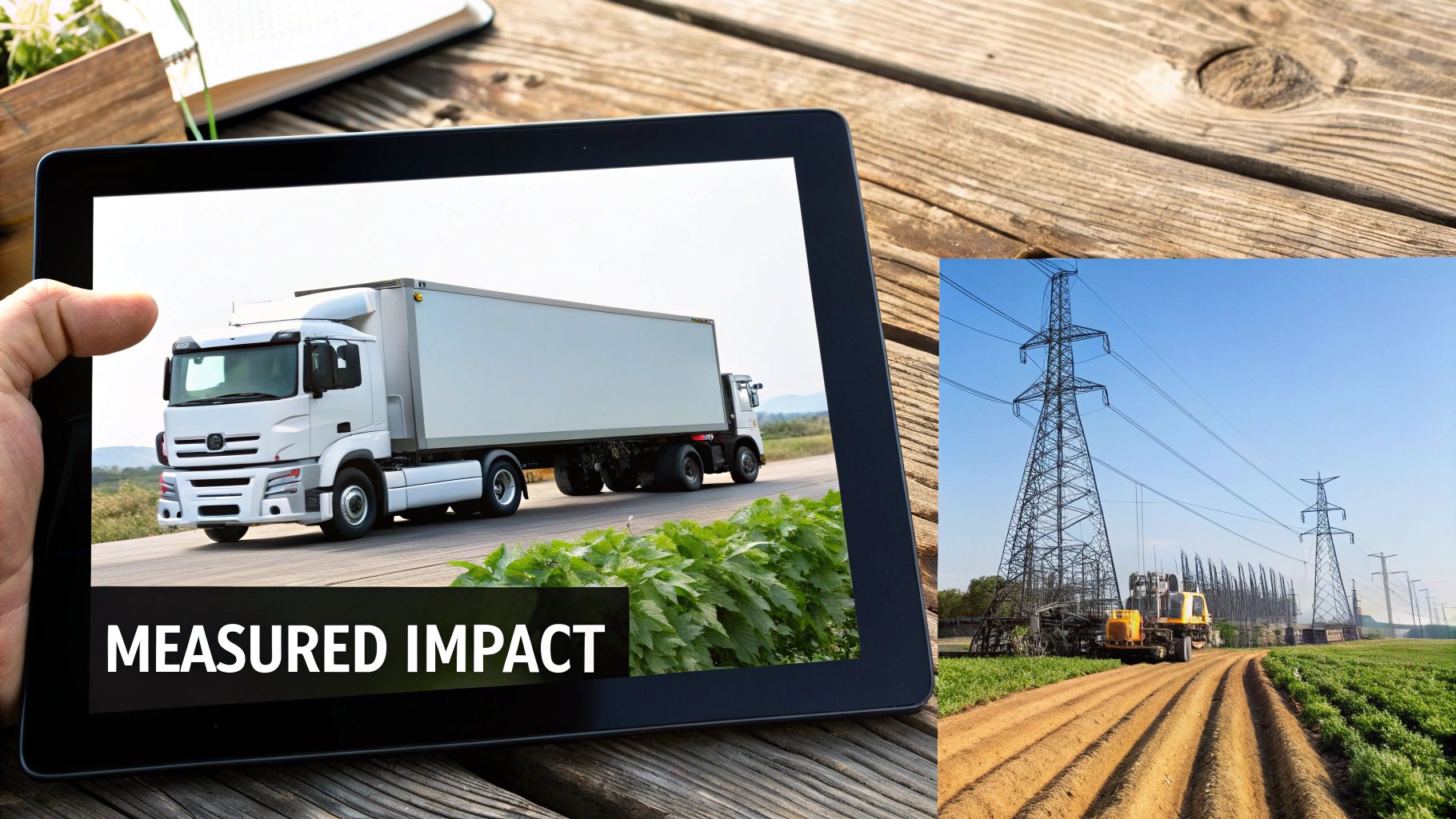 A hand holds a tablet displaying a white truck and the text 'MEASURED IMPACT'. Power lines and a rural field are in the background.