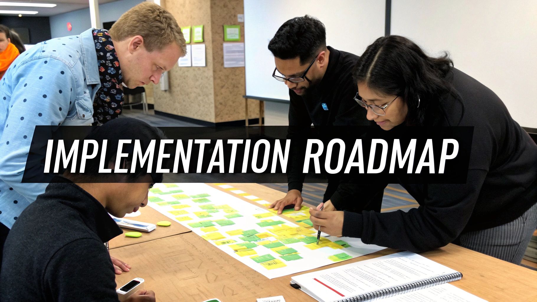 A team of developers and logistics managers gathered around a whiteboard, collaborating on a project roadmap, illustrating the planning and implementation process.