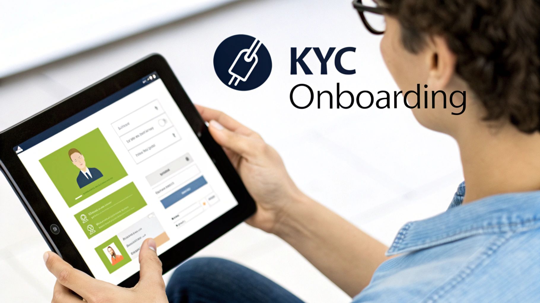 Person holding a tablet displaying a KYC Onboarding interface with user profiles and forms.