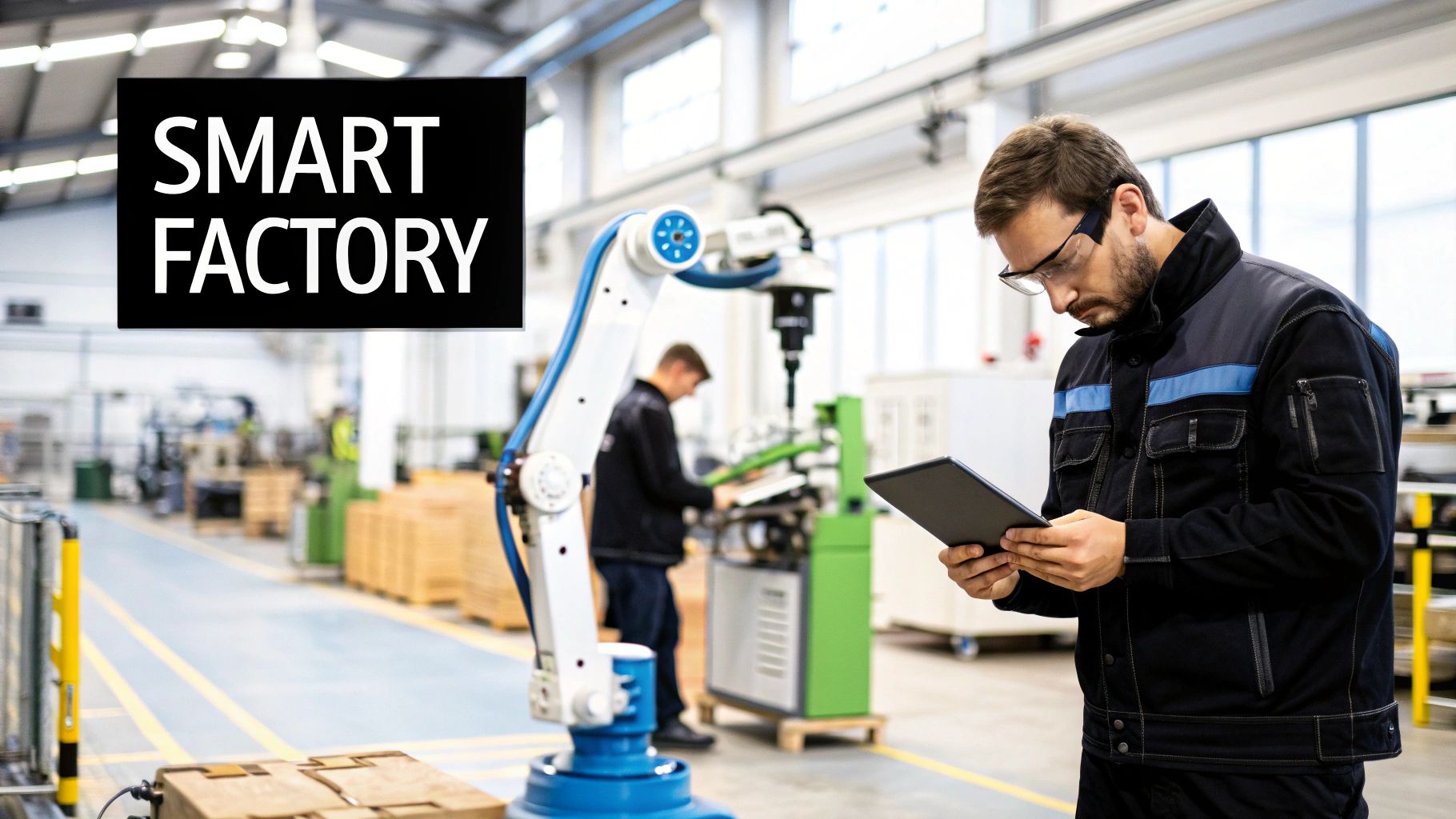 Factory worker using tablet to monitor robotic arm in modern smart manufacturing facility