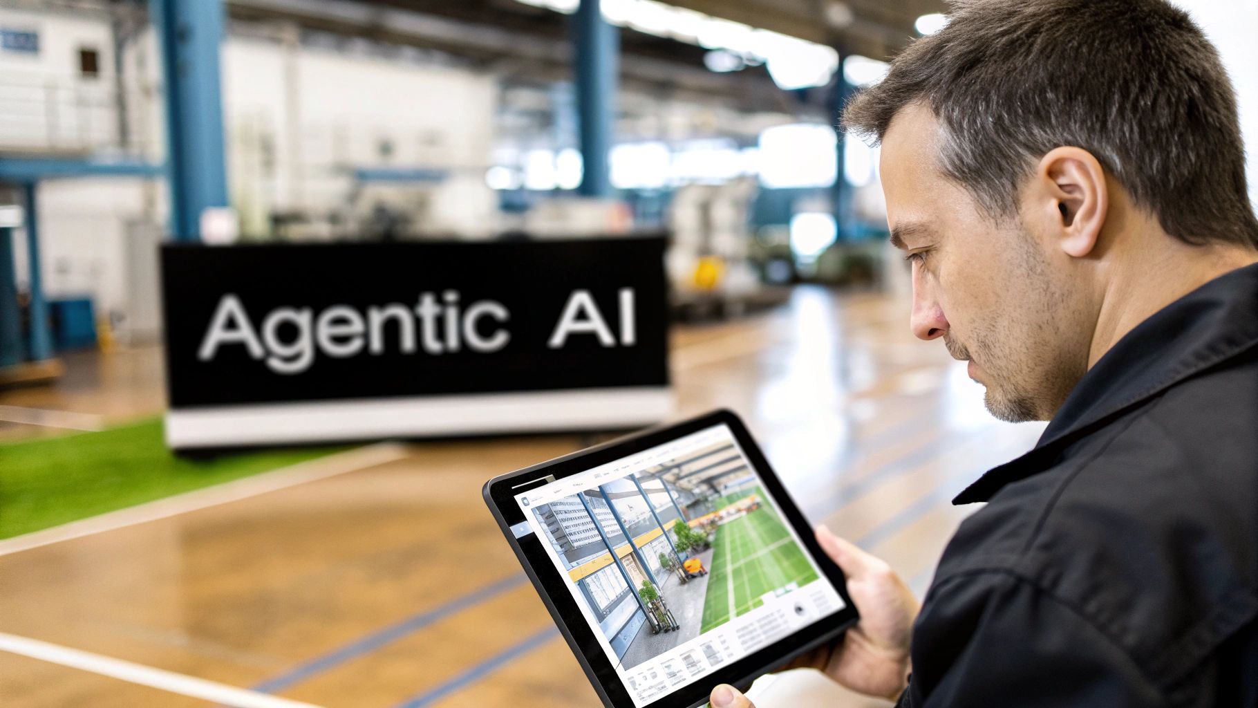 A man monitors an industrial facility layout on a tablet, with an 'Agentic AI' sign in the background.