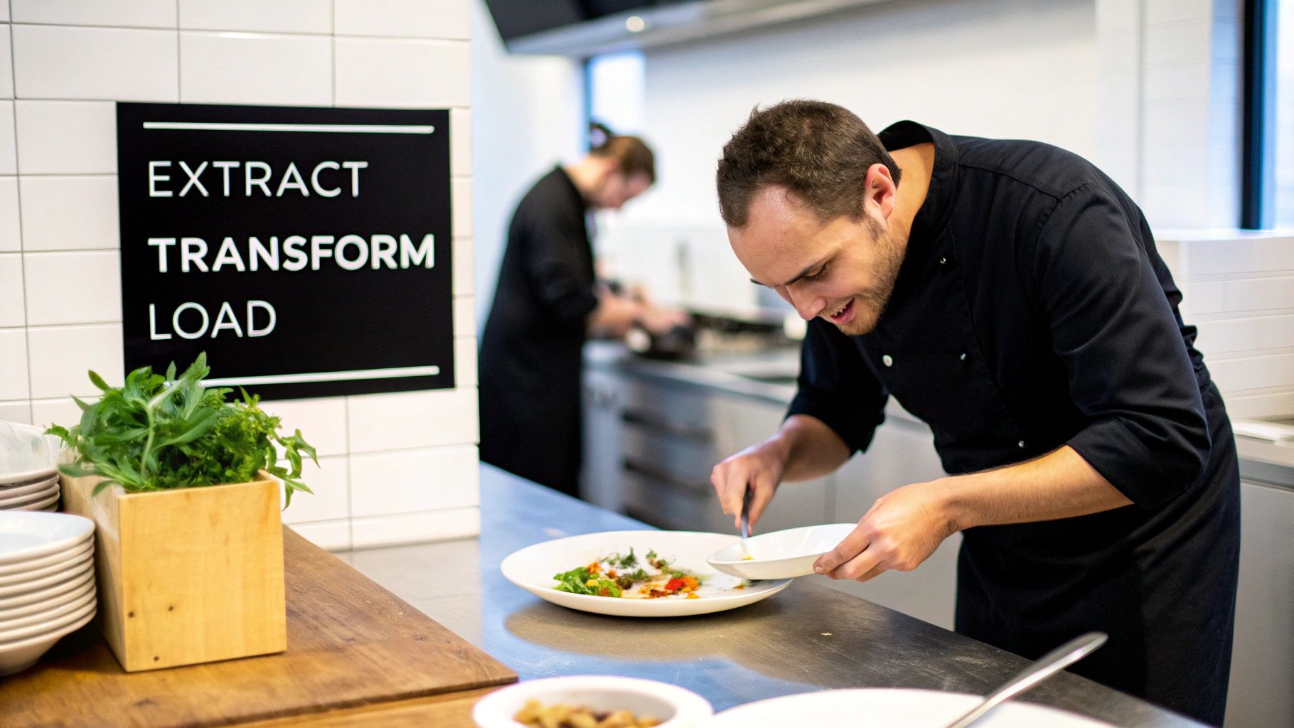 A smiling chef meticulously plates food in a professional kitchen with an 'EXTRACT TRANSFORM LOAD' sign.