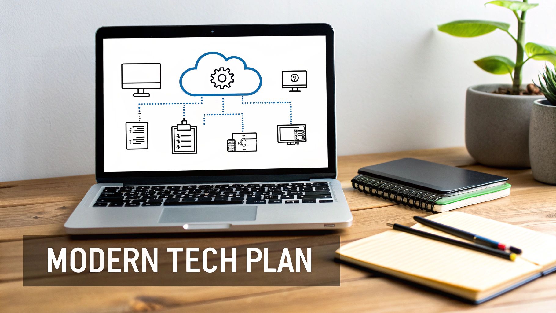 A laptop displays a cloud computing network diagram on a wooden desk with notebooks, pens, and plants.