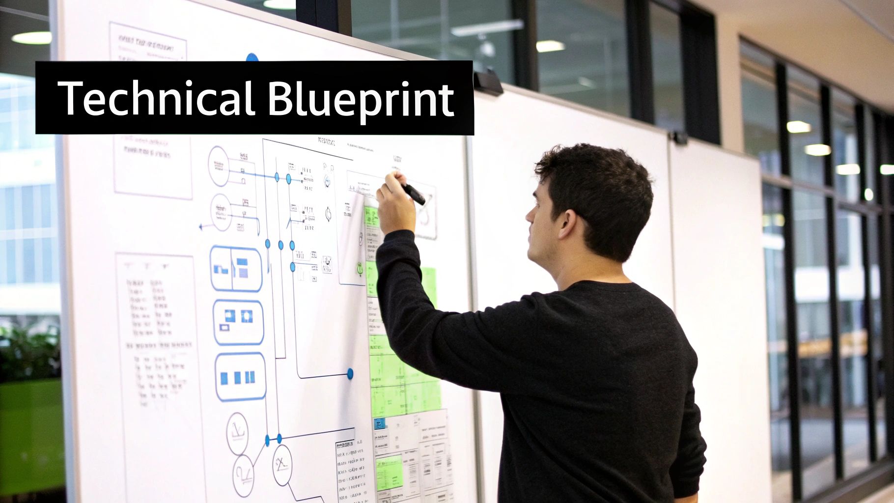 A man in a black shirt draws a complex technical blueprint on a large whiteboard.