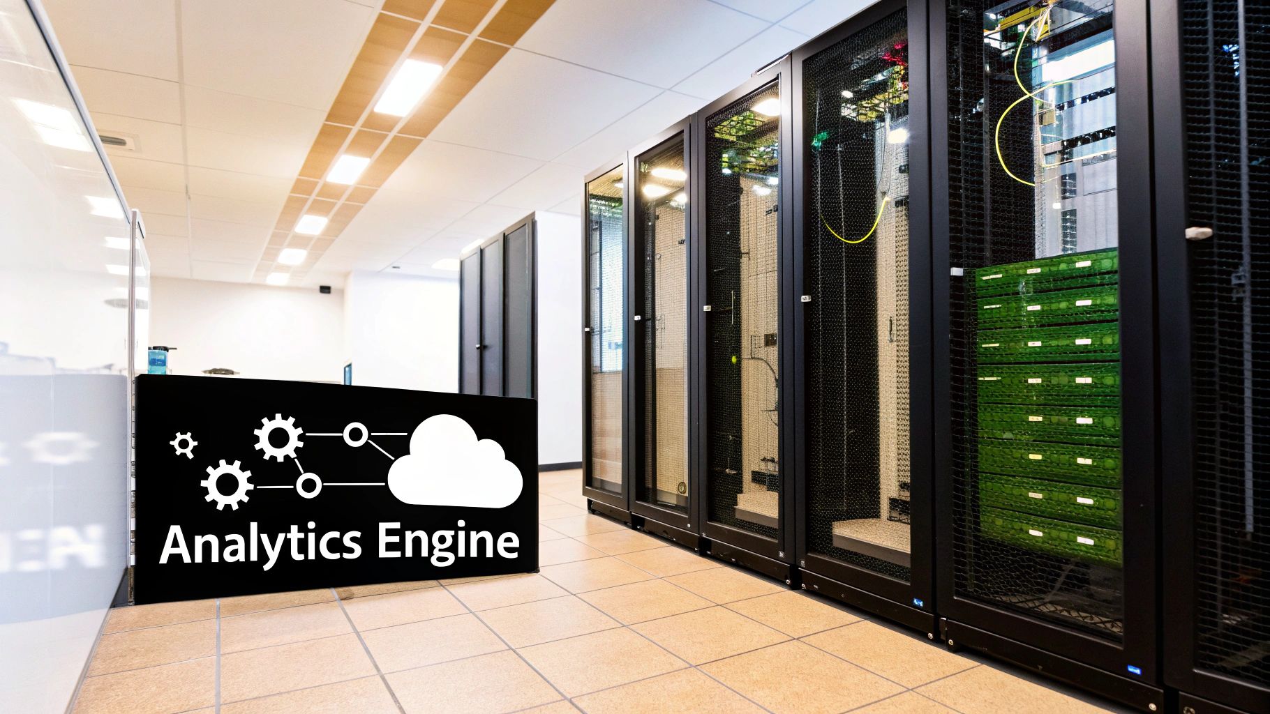 A digital illustration showing interconnected data nodes, representing a modern retail analytics engine.