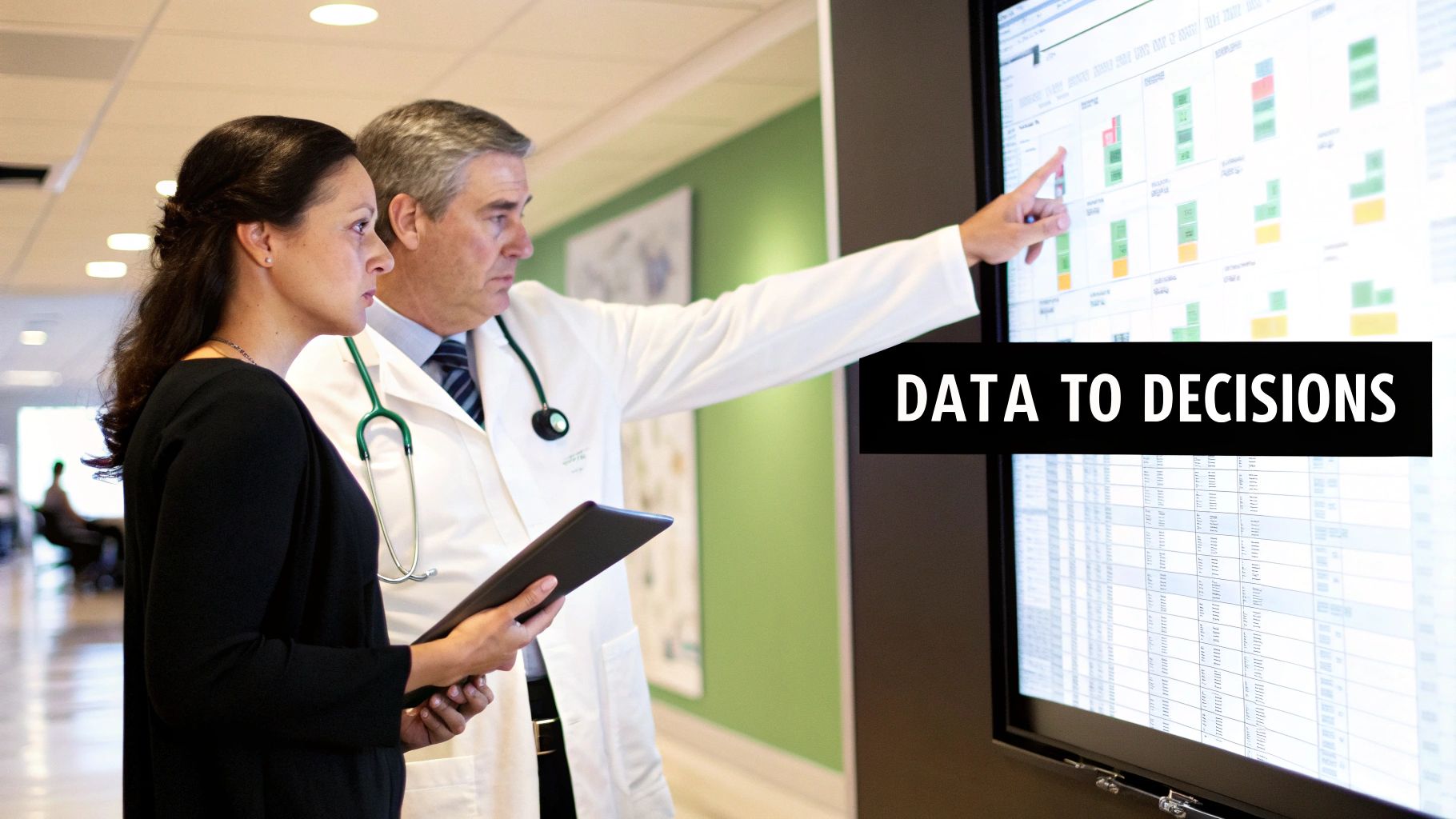 A doctor and a professional woman analyze data on a large digital screen, making informed decisions.