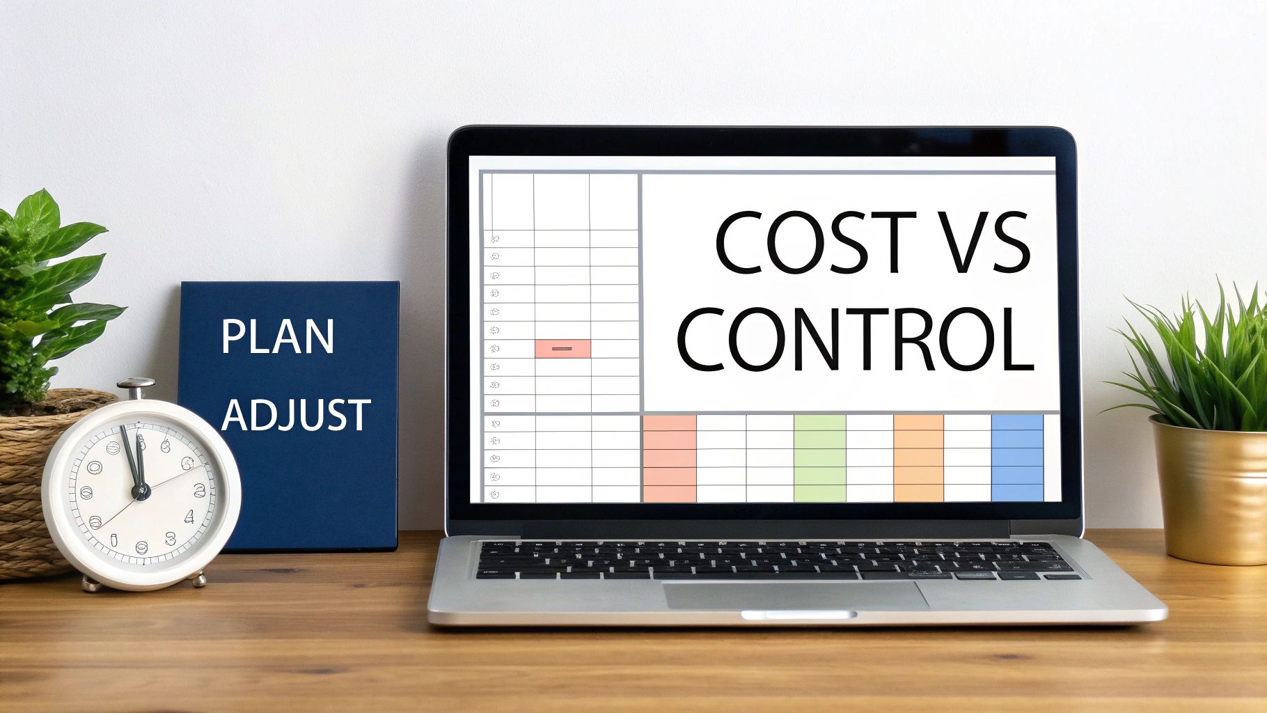 A business desk with a laptop displaying 'COST VS CONTROL' spreadsheet, an alarm clock, and 'PLAN ADJUST' book.