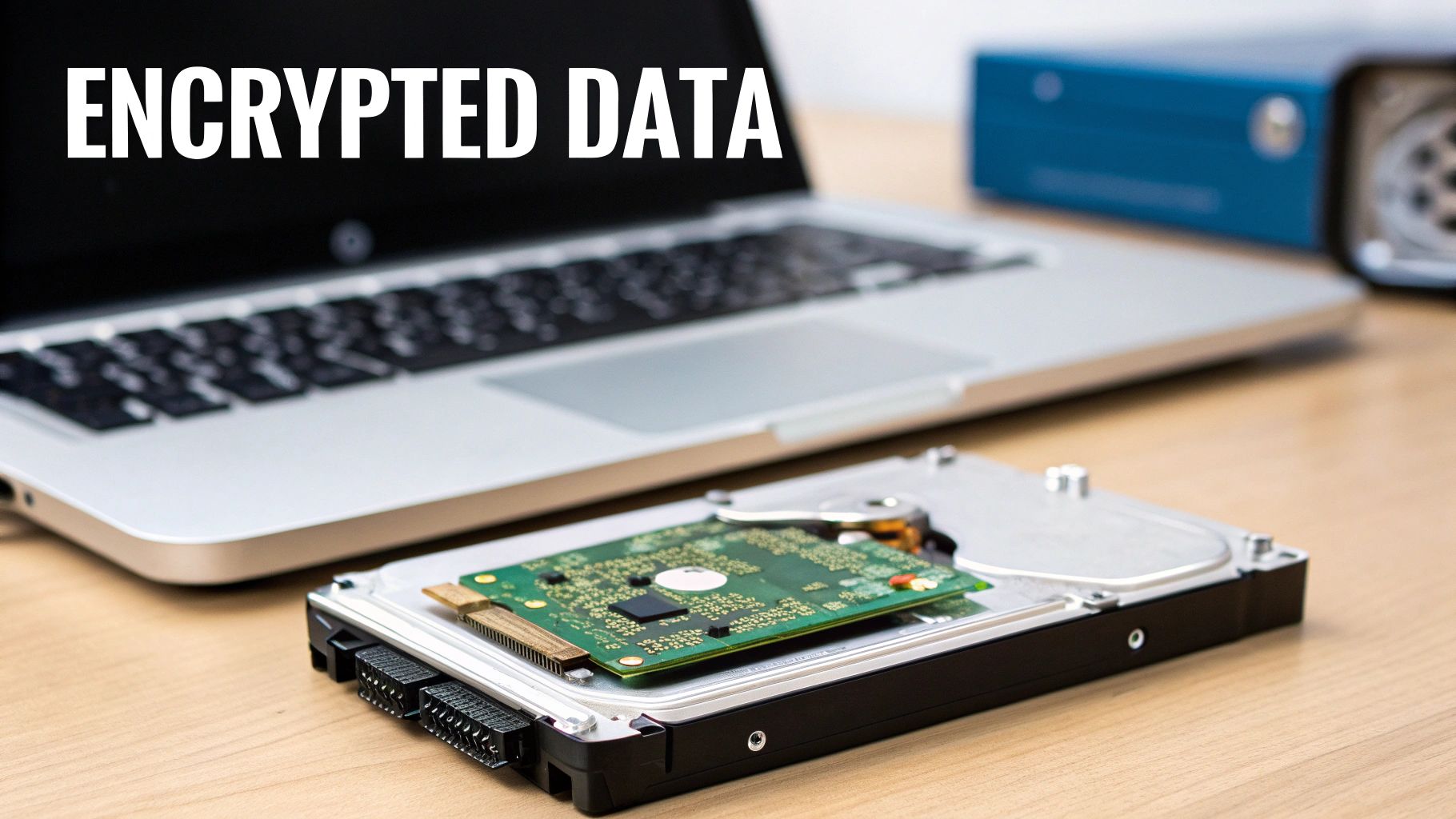 An open hard drive and laptop with 'ENCRYPTED DATA' text, representing digital security.