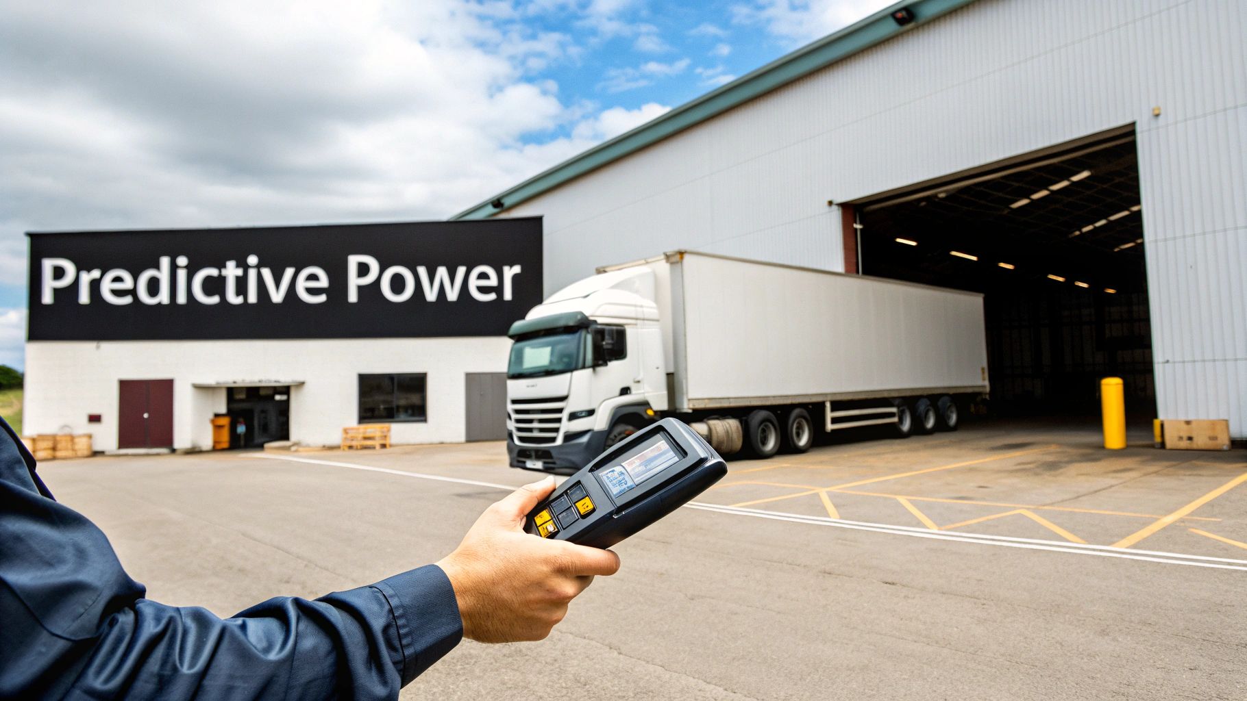 An illustrative image showing interconnected data points between a delivery truck, a warehouse, and a central AI system, visualizing predictive logistics.