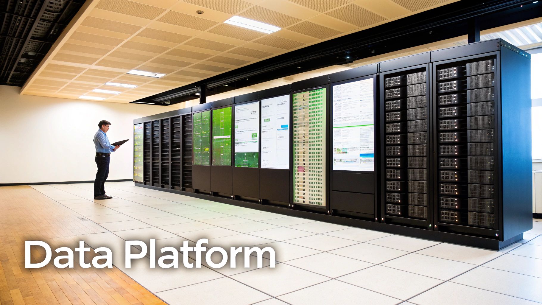 A man monitors data on large server screens in a modern, high-tech data platform environment.