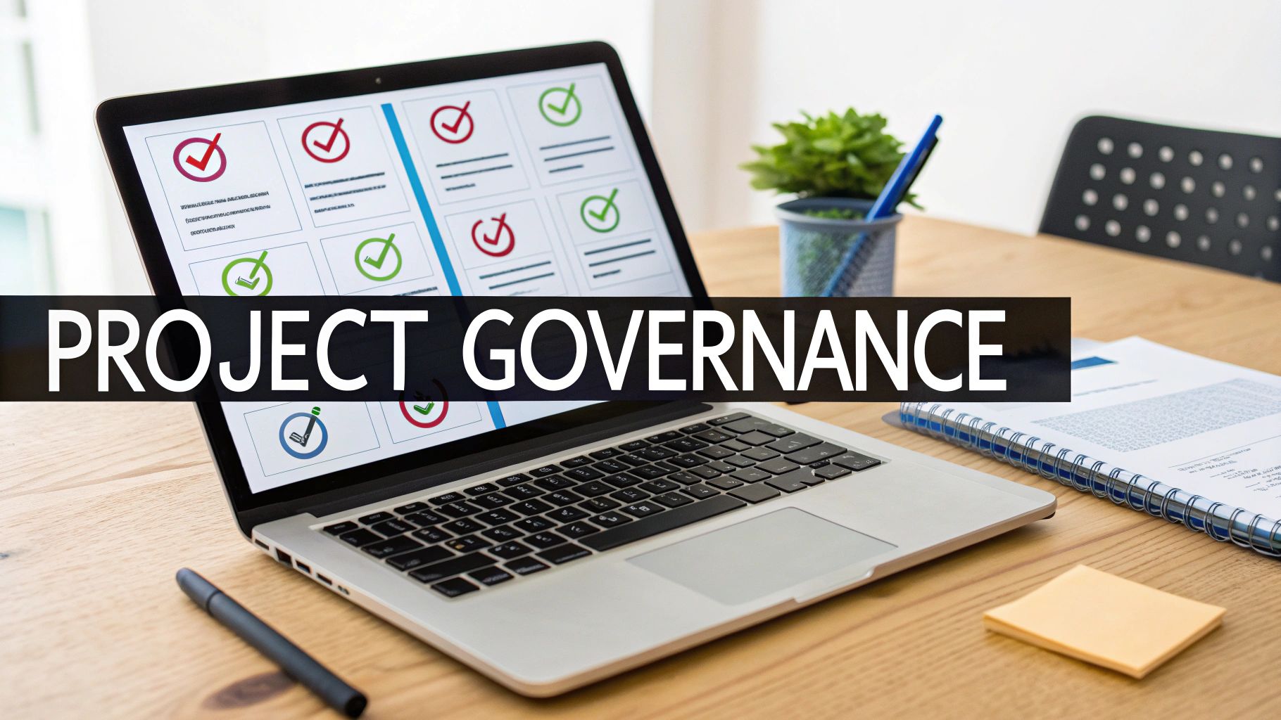 Laptop displaying project management dashboard with checkmarks and text 'PROJECT GOVERNANCE'.