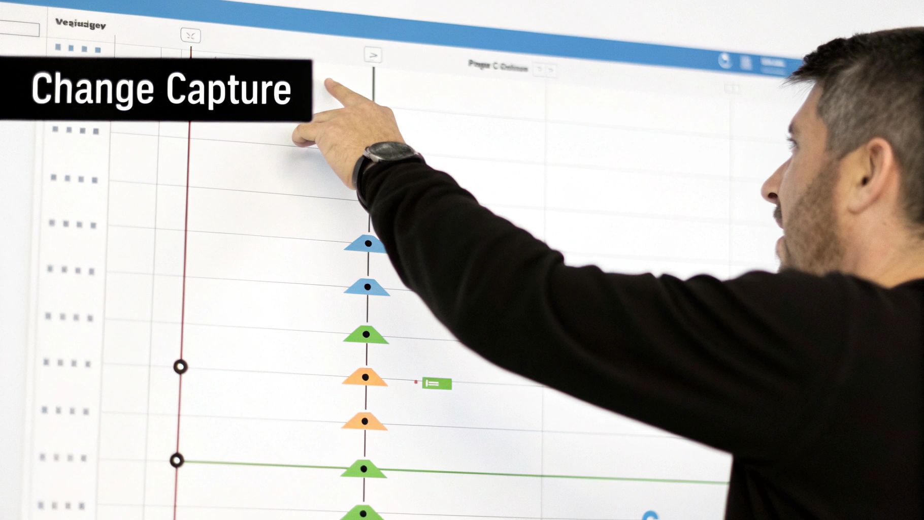 A man pointing at a large digital screen displaying a timeline chart with 'Change Capture' text.