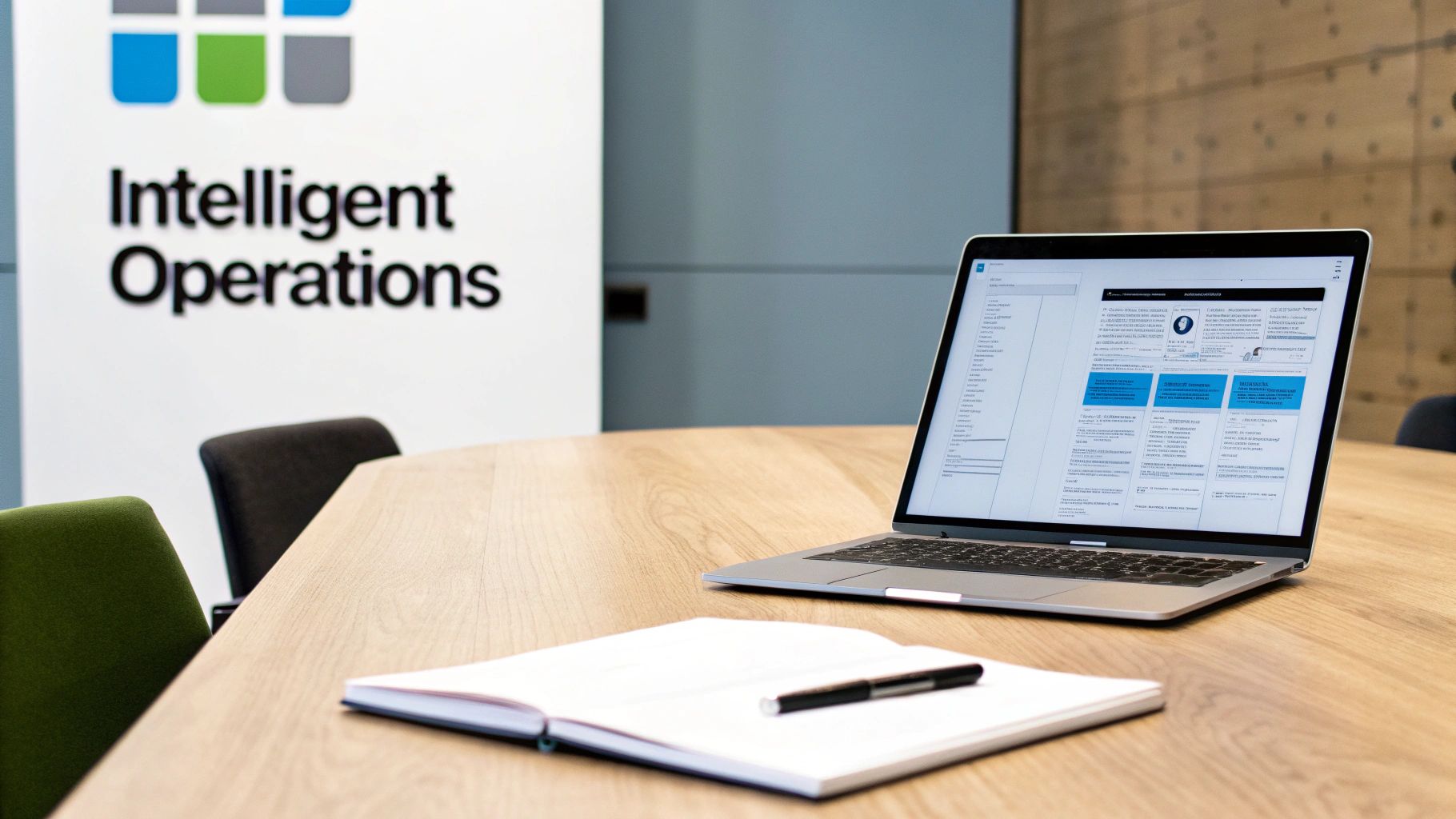 A laptop and notebook with a pen on a wooden conference table, with an 'Intelligent Operations' banner in the background.