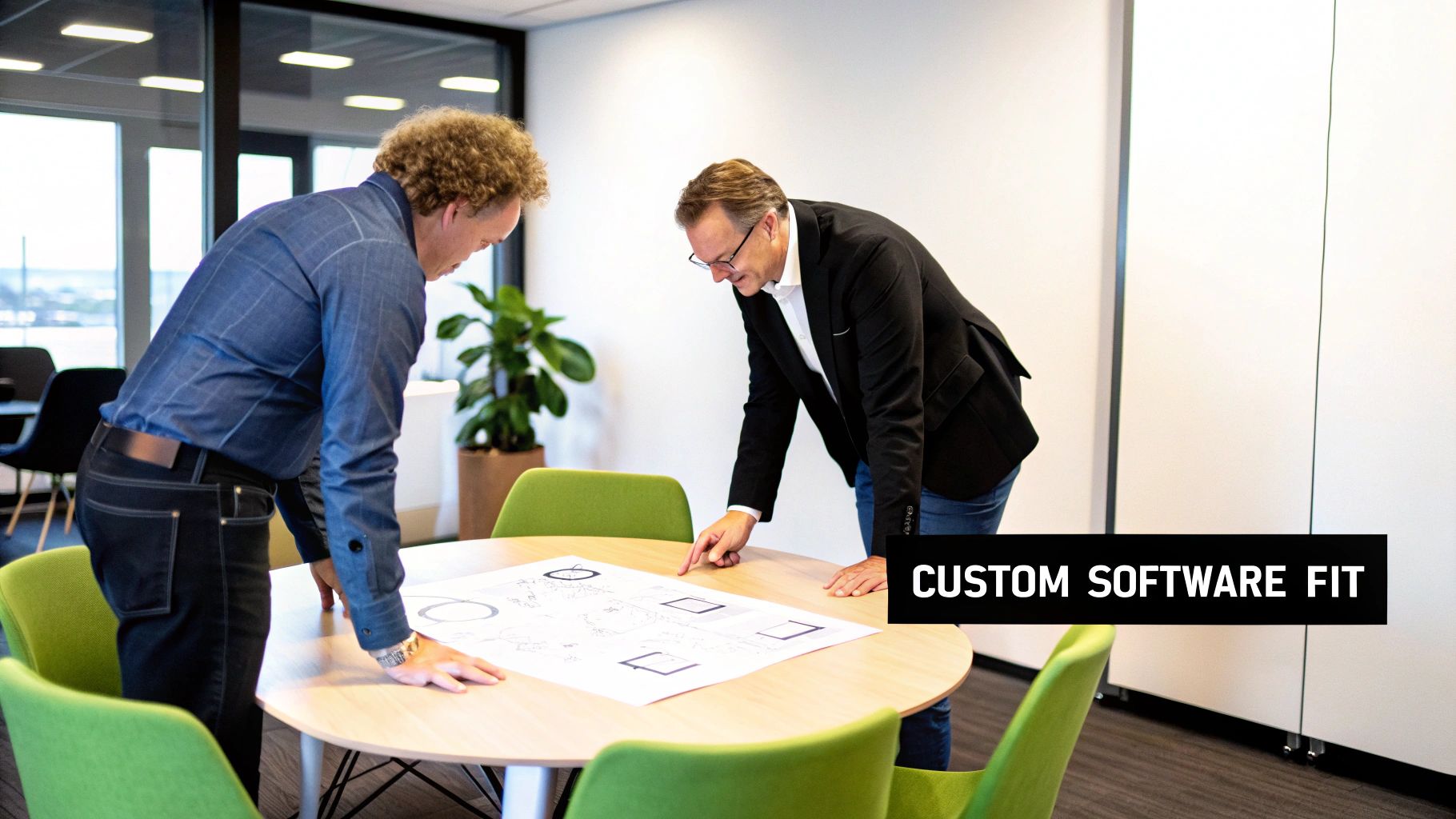 A team of software consultants collaborating on a project plan