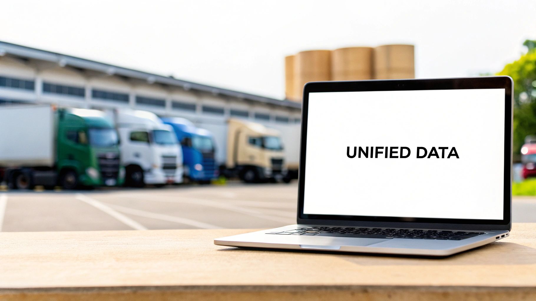 A laptop displaying "UNIFIED DATA" on a wooden surface, with blurred trucks at a logistics hub.