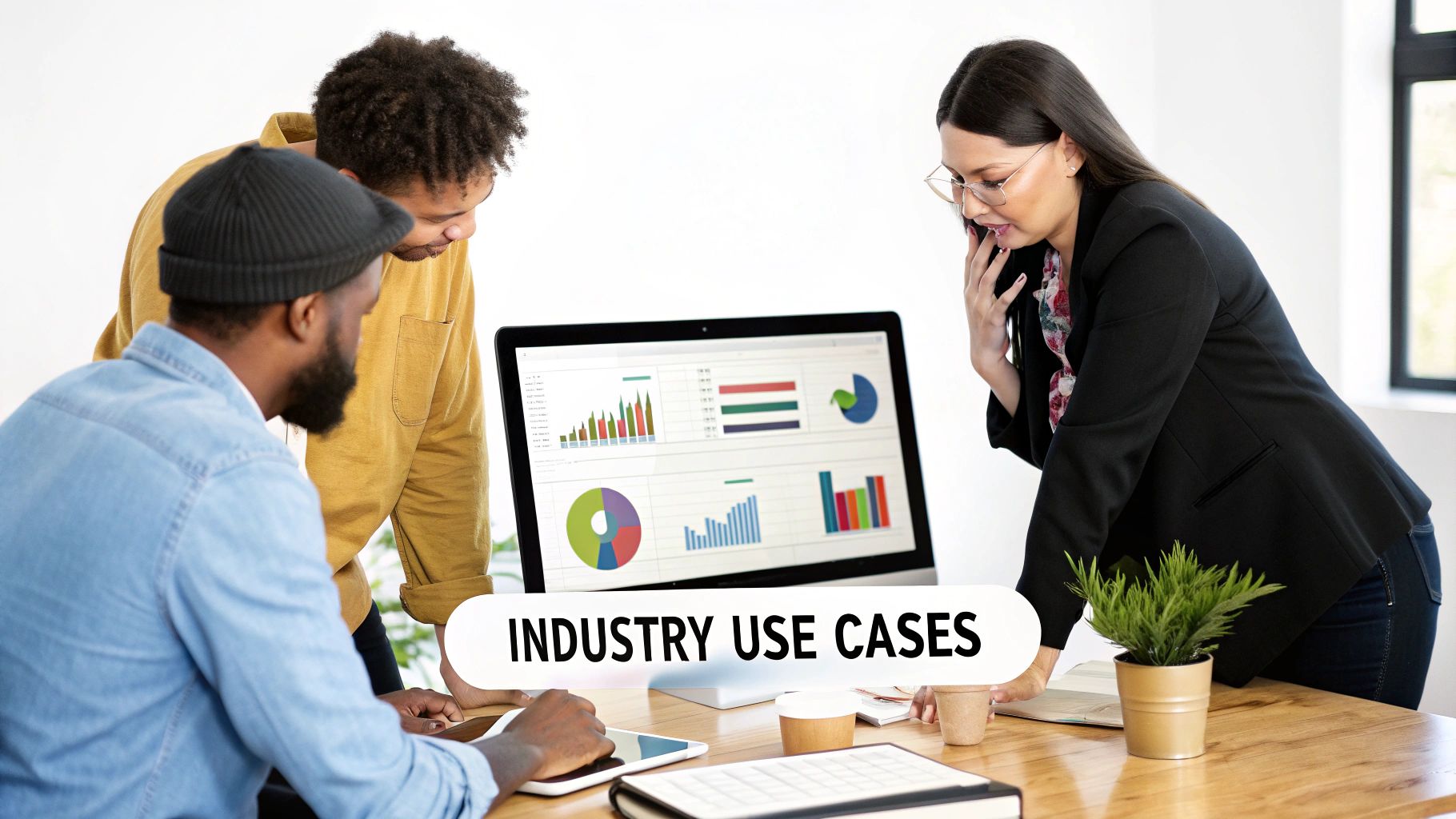 Three diverse professionals collaborating around a laptop displaying business charts and data analysis.